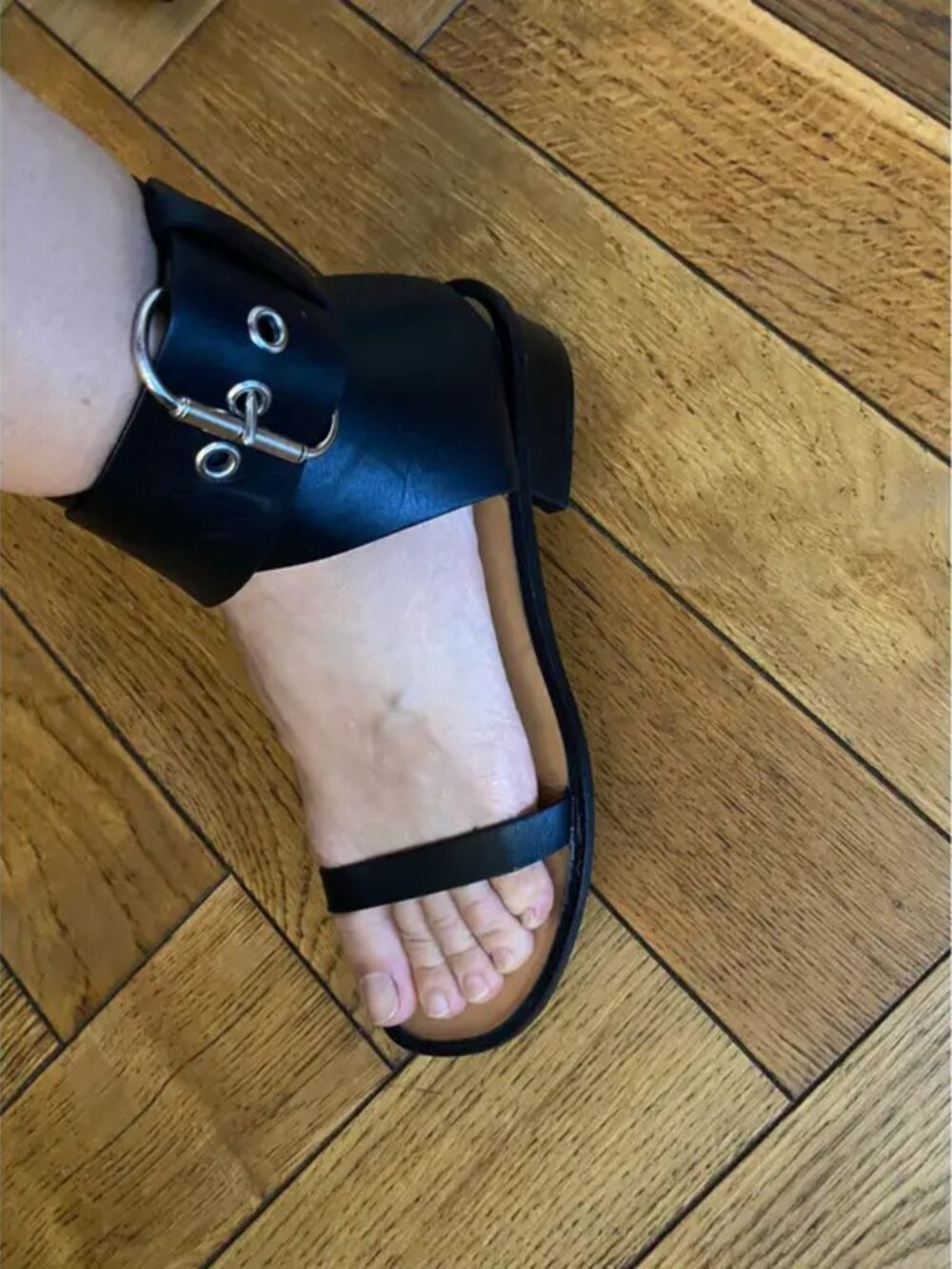 Authentic Celine Black Leather Ankle-Cuff Flat Sandals